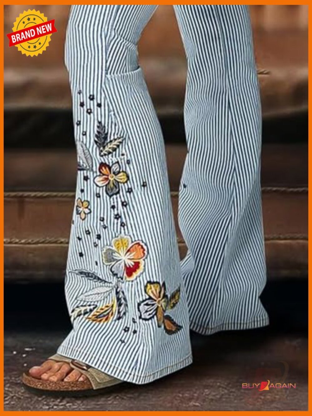 Women's Low Rise Bootcut Jeans with Striped Embroidery Casual Pants - Picture 4 of 7